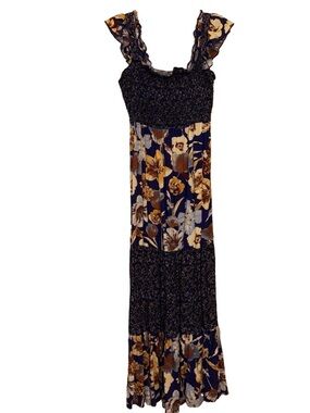 Maurices Navy Floral Tiered Maxi Dress with Brown Accents